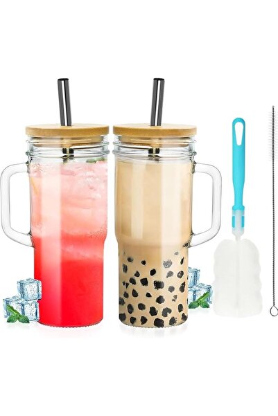 NALACAL Glass Cups with Bamboo Lids and Straws, Tumbler Cups with Handle 24oz...