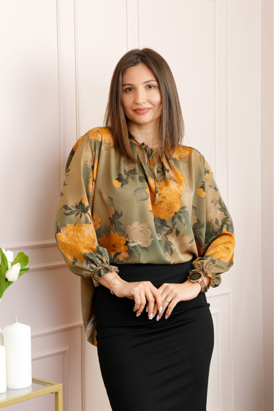 OEM Bluza dama kaki cu imprimeu floral orange Quinn plus size
