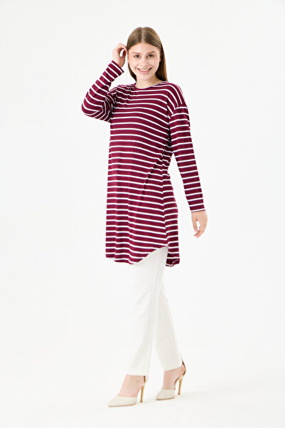MODA VUSLAT Women's White Striped Burgundy Color Long Sleeve Tunic