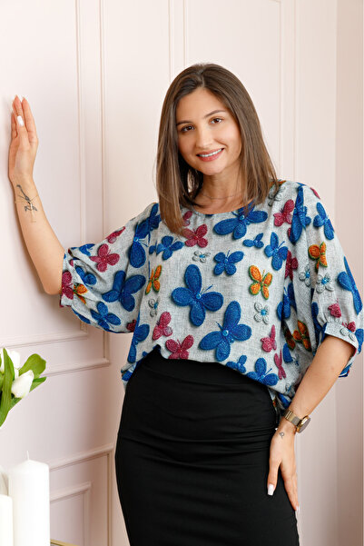 OEM Bluza gri cu imprimeu cu fluturi multicolori Harper plus size