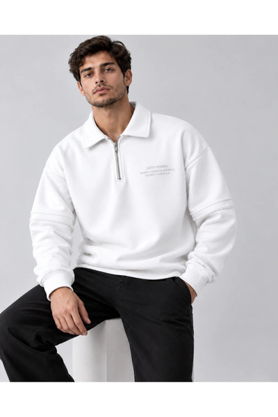 Erkek Fermuarlı Polo Yaka %100 Pamuk Sweatshirt