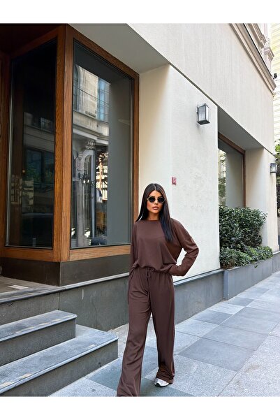 LE CARAMBOLE Kadın Kahverengi Oversize Bluz Bol Paça Pantolon İkili Takım