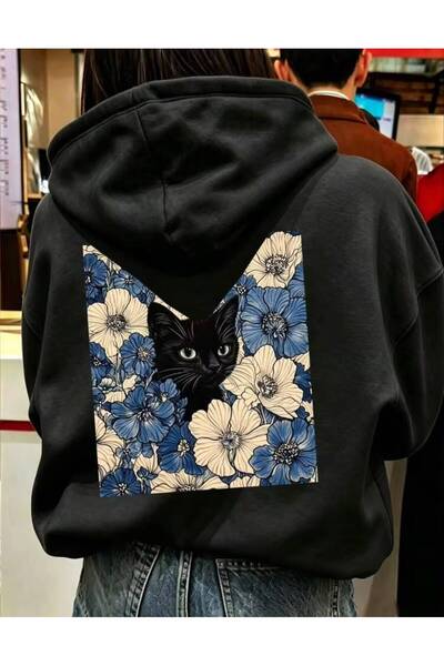 LOUİSA Women's Hooded Back and Front Cat Flowers Printed Black 2 Thread Raste...