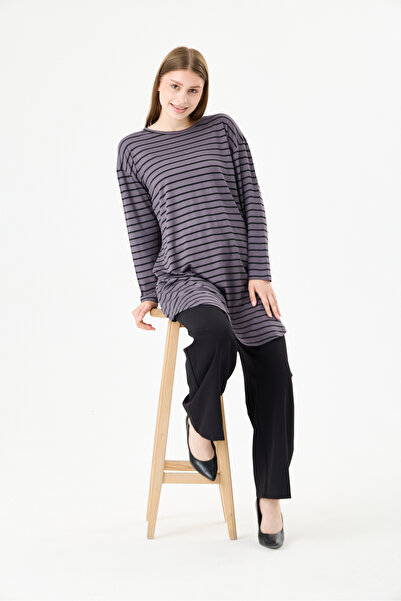 MODA VUSLAT Women's Black Striped Dark Gray Long Sleeve Tunic
