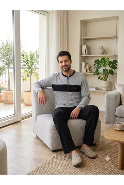 MODAREYA Long Sleeved, Seasonal, Three Button, Piece Men's Pajama Set
