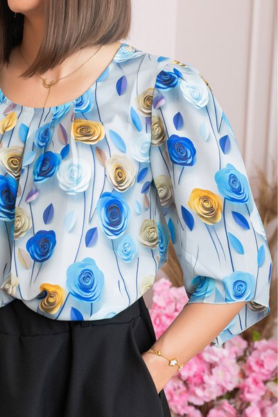OEM Bluza eleganta Anastasia cu imprimeuri florale - Albastru