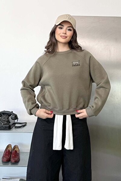 GİYSA Kadın Bisiklet Yaka Leopar Nakışlı Sweatshirt Haki - 27K 2712