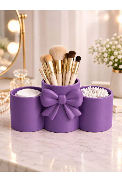 Fiyonklu 3 Bölmeli Makyaj Organizeri – Pamukluk, Kulak Çubuğu ve Makyaj Fırçası Düzenleyici Dekoratif Organizer