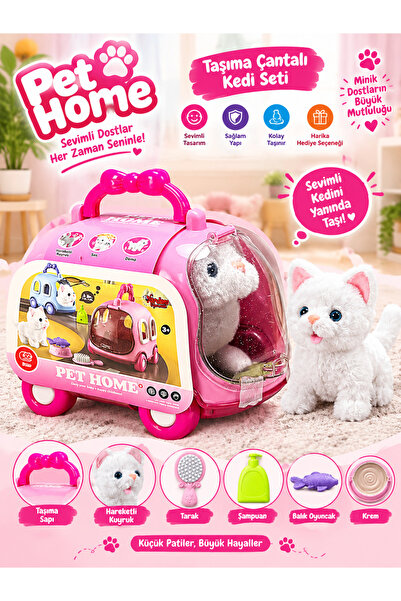 Oyuncak Kedi Taşıma Çantalı Araba Seti Pilli Sesli Hareketli Kuyruk Bol Aksesuarlı (Pembe)