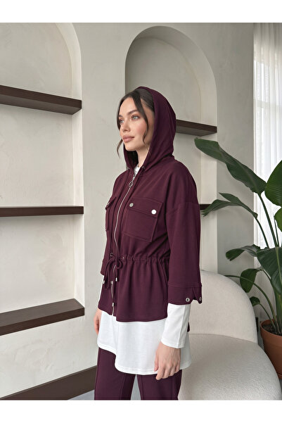 ESMİRASTİL Modal Kapüşonlu Yelek Tunik Pantolon Üçlü Takım