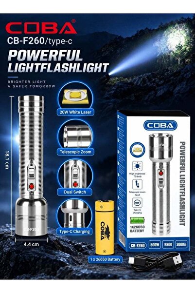 COBA CB-F260 Type-C Rechargeable Telescopic Zoom Flashlight – 20W White Laser