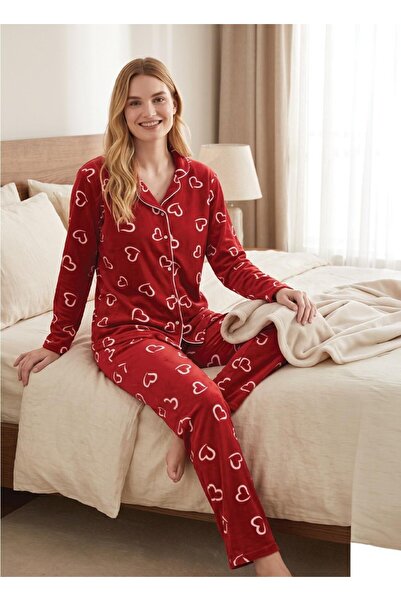 MEBA Red Heart Striped Front Buttoned Velvet Winter Women's Pajama Set