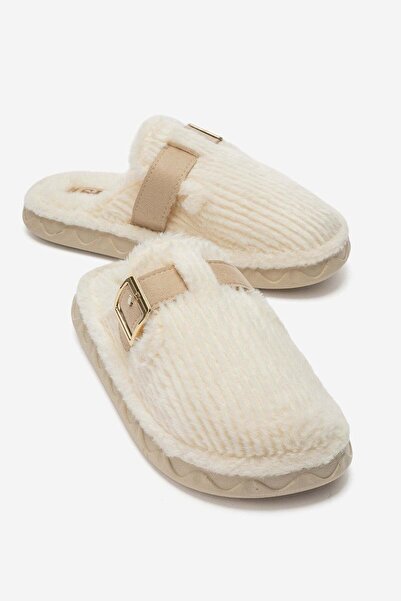 CCWAY AYAKKABI Women's Belted Buckle Fur House Slippers Cream