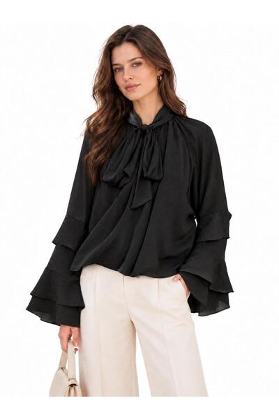 TENA Women's Black Tie-Neck Blouse with Ruffled Sleeves