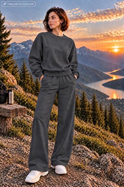 EMMODA Women's Hoodless Sweatshirt Wide Leg Two-Piece Tracksuit Set Oversize