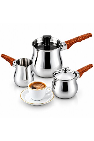 Generic Stainless Steel Turkish Coffee Set DAC-3624 – Silver & Wood Brown – H...