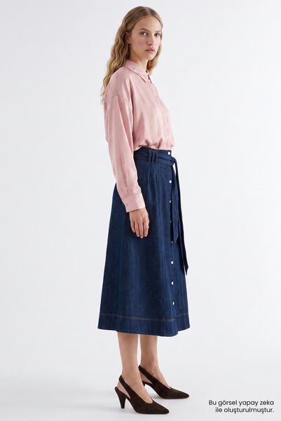 Exquise Yüksek Bel Kuşaklı Regular Denim Midi Etek