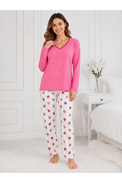 Serena Pijama de Damă cu Bluză și Pantalon Alb cu Imprimeu Căpșuni- Roz Aprins