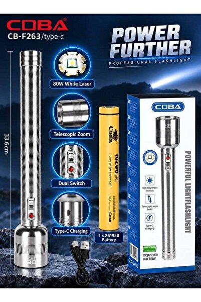 COBA CB-F263 Type-C Rechargeable Telescopic Zoom Flashlight – 80W White Laser