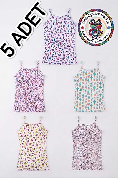 Tutku Pack of 5 Mixed Patterned Girls' Cotton Lycra Undershirts with Rope Str...