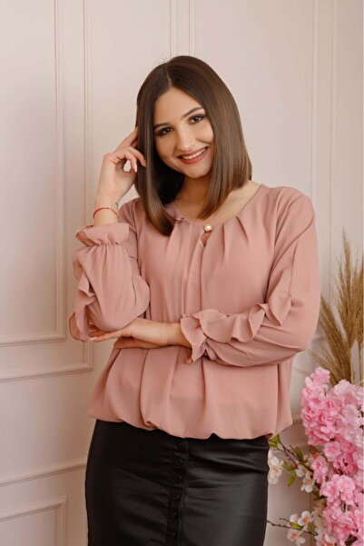 OEM Bluza eleganta Julienne cu volanase si nasture stilizat - Roz pudrat