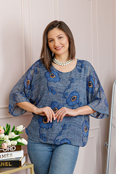 OEM Bluza dama Maddie din voal gri albastrui cu imprimeu floral albastru