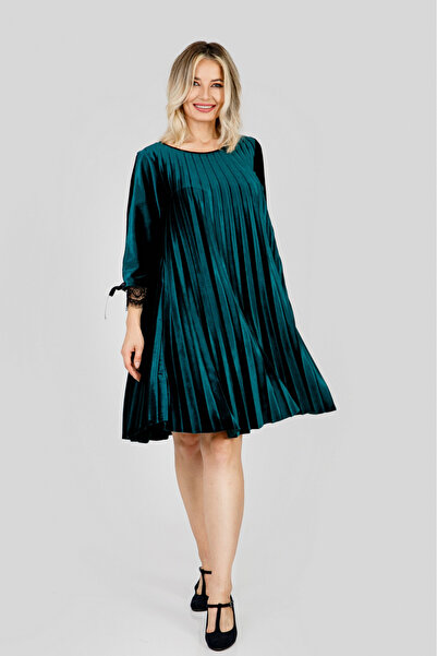 Generic Brand Rochie plisata turcoaz inchis din catifea cu insertie de dantela