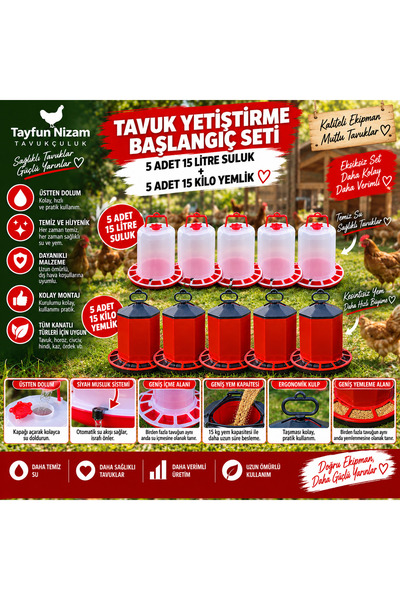 TAVUK YETİŞTİRME BAŞLANGIÇ SETİ 5 ADET 15 LT SULUK+ 5 ADET 15 KG YEMLİK