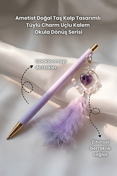 Elifsu Jewelry قلم بتصميم قلب من الحجر الطبيعي مع ريشة، سلسلة العودة إلى المدرسة