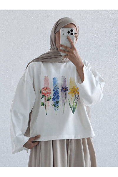 Hepsi Moda Çiçek Temalı Geniş Kol Sweat - Ekru