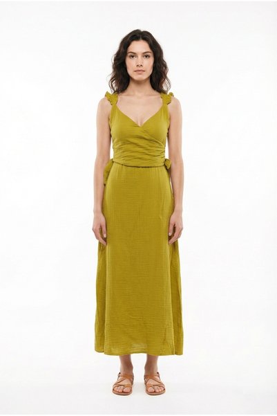 Eliş Şile Bezi Lady Adjustable Shoulder Strap V-Neck Long Muslin Dress Oil Gr...