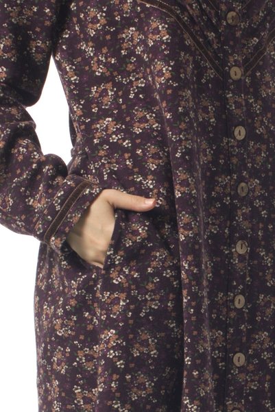 Eliş Şile Bezi Long Sleeve Flannel Court Collar Violet Pattern Winter Midi Length Double Pocket Dress Purple Purple