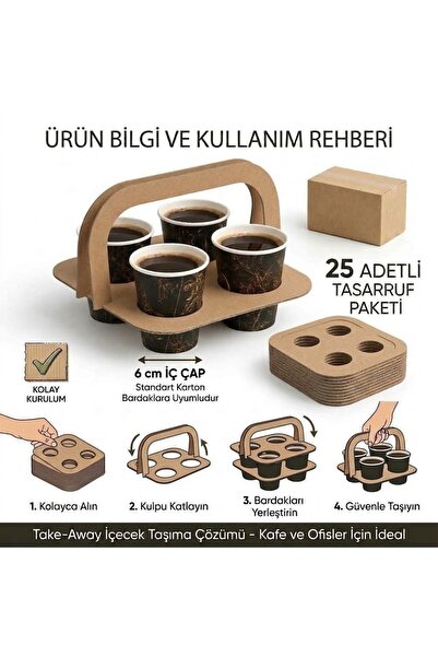 4'lü Karton Bardak Taşıyıcı Kulp Aparatı 25 Adet - Kahve İçecek Taşıma Standı Kartonu (6 cm)