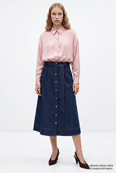 Exquise Yüksek Bel Kuşaklı Regular Denim Midi Etek
