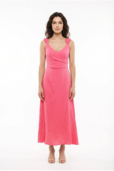 Eliş Şile Bezi Lady Adjustable Shoulder Strap V-Neck Long Muslin Dress Pink Pmb