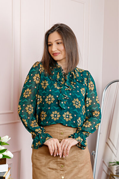OEM Bluza eleganta verde smarald Lucienne cu flori aurii si jabou