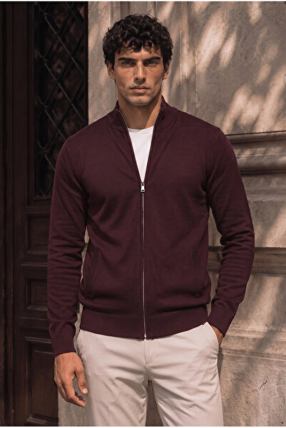 Valiberta Volare Premium Lycra Zippered Men's Knitwear Cardigan - Dark Burgundy