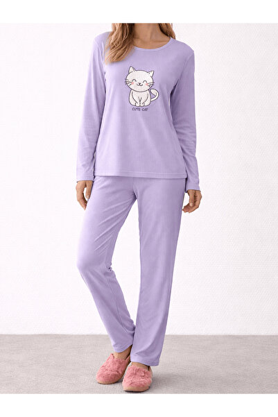 Hepsi Moda Kedi Peluş Kabartmalı Pijama Takımı - Lila