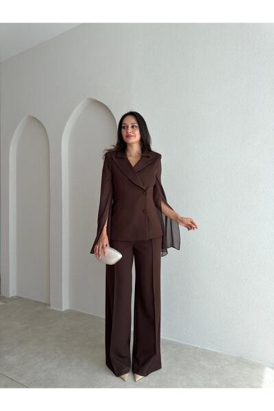 Mooi Butik LİAM Tül Kol Detaylı Takım 4184 - Acı Kahve