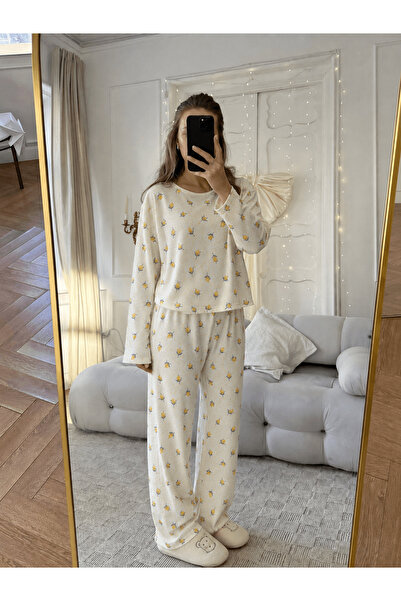 Hepsi Moda Limon Desenli Uzun Kol Pijama Takımı - Krem