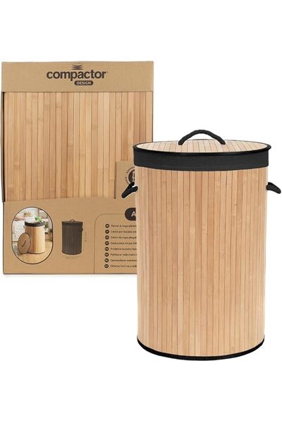 COMPACTOR - Round Foldable Bamboo Laundry Basket with Lid - Removable Black I...