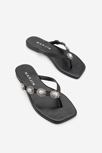 Marjin Women's Blunt Toe Flip Flops with Stones Varnesa White S