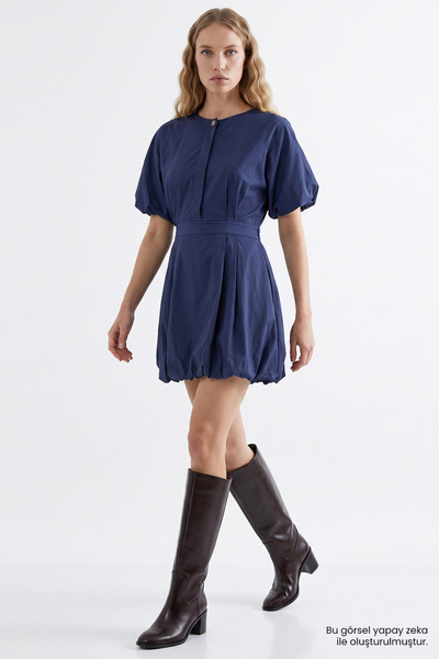 Exquise Balloon Sleeve Lined Mini Regular Dress with Elastic Waist