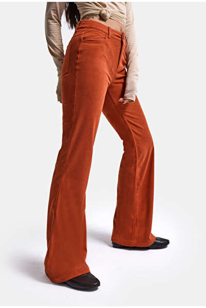 it's basic Women's Orange Flare Fit Velvet Velvet Fabric Trousers