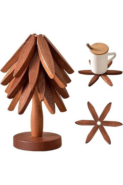GENERAL Wooden Tree Shape Trivets Set, 4 Black Walnut Wooden Trivets + 1 Stan...