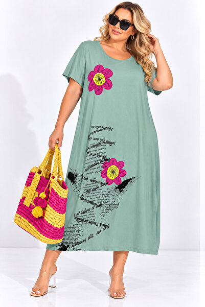 Trieste Plus Size Floral Appliqué Lettering Printed Loose Cut Women's Dress