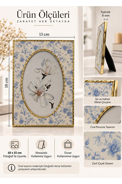 Eq deco Blue Blossom Gold Fotoğraf Çerçevesi 10x15 cm Oval Vintage Dekoratif Metal Çerçeve ve Duvar Çerçevesi