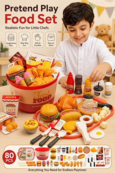 Generic 80 Pcs Plastic Pretend Play Food Set Play Kitchen Role Play Storage B...