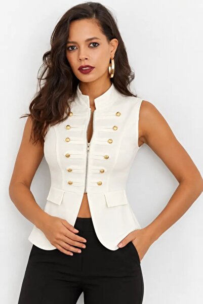 Cool & Sexy Women's White Gold Button Detailed Zippered Stand Collar Stylish ...