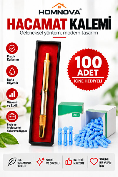Homnova Hacamat ve Sülük Kalemi Metal Gövde 100 Adet İğne Hediyeli Pratik Kul...